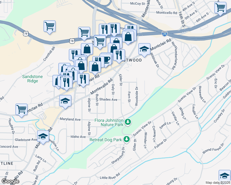 map of restaurants, bars, coffee shops, grocery stores, and more near 165 Daly Street in Irondale