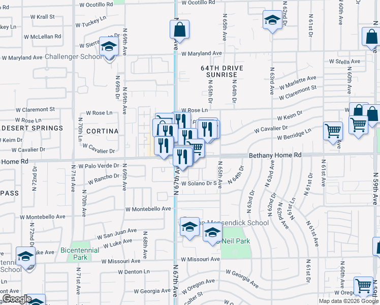 map of restaurants, bars, coffee shops, grocery stores, and more near 6650 West Bethany Home Road in Glendale