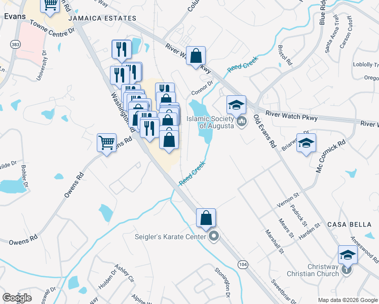 map of restaurants, bars, coffee shops, grocery stores, and more near 5577 Connor Drive in Evans