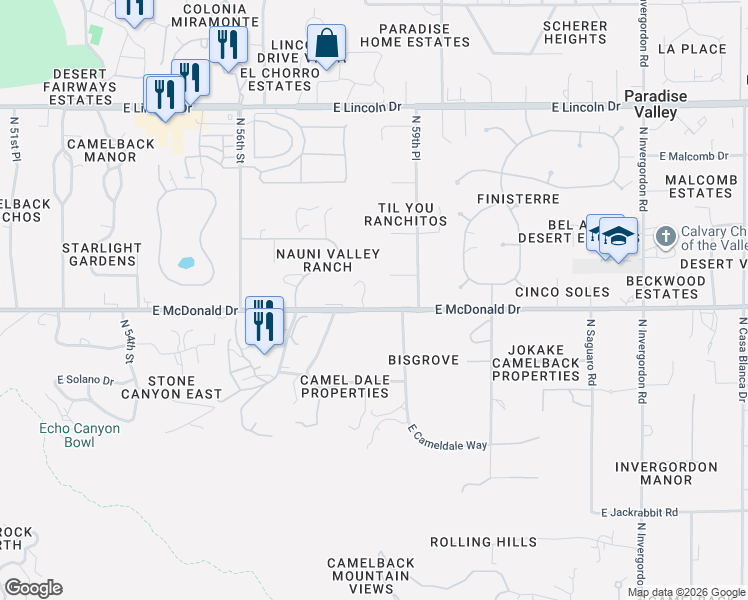 map of restaurants, bars, coffee shops, grocery stores, and more near 5850 North Cameldale Way in Paradise Valley