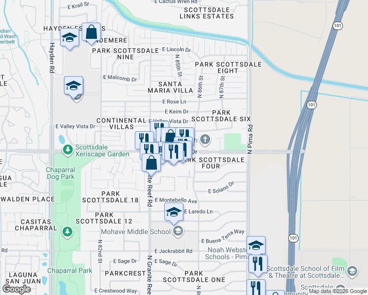 map of restaurants, bars, coffee shops, grocery stores, and more near in Scottsdale