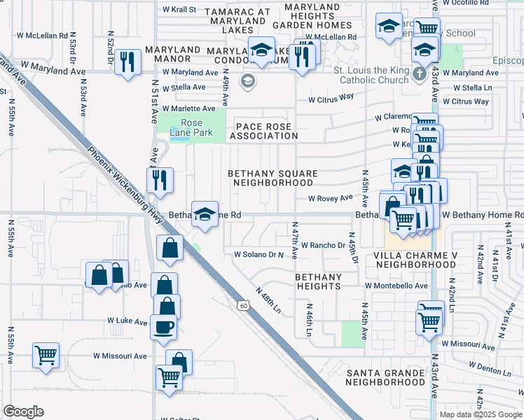 map of restaurants, bars, coffee shops, grocery stores, and more near 4788 West Bethany Home Road in Glendale