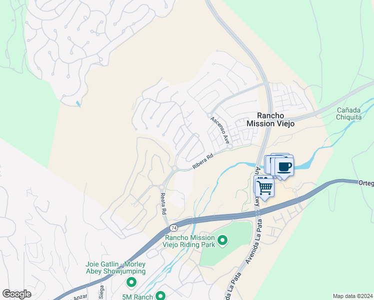 map of restaurants, bars, coffee shops, grocery stores, and more near Galan Street in Rancho Mission Viejo