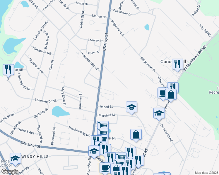 map of restaurants, bars, coffee shops, grocery stores, and more near 2492 Columbia Road Northeast in Orangeburg