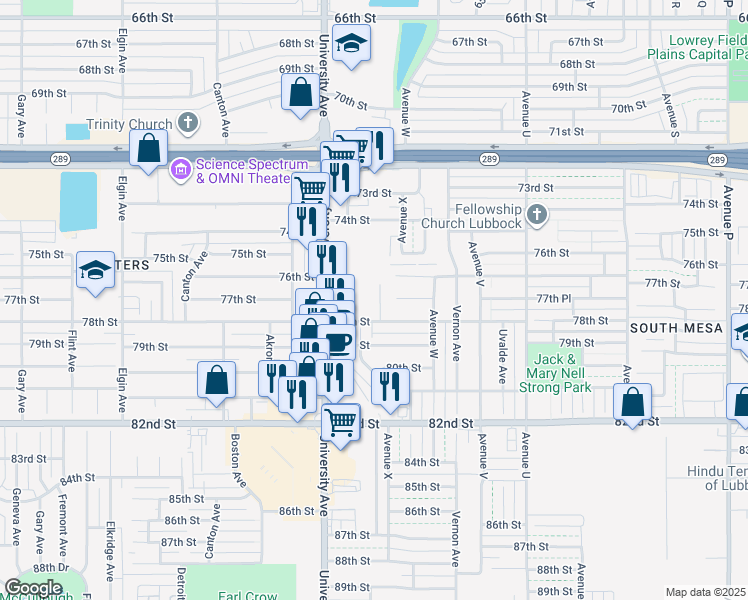 map of restaurants, bars, coffee shops, grocery stores, and more near 2320 78th Street in Lubbock