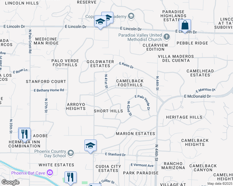 map of restaurants, bars, coffee shops, grocery stores, and more near 4129 East Palo Verde Drive in Phoenix