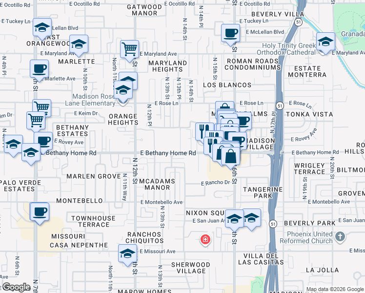 map of restaurants, bars, coffee shops, grocery stores, and more near 1415 East Bethany Home Road in Phoenix