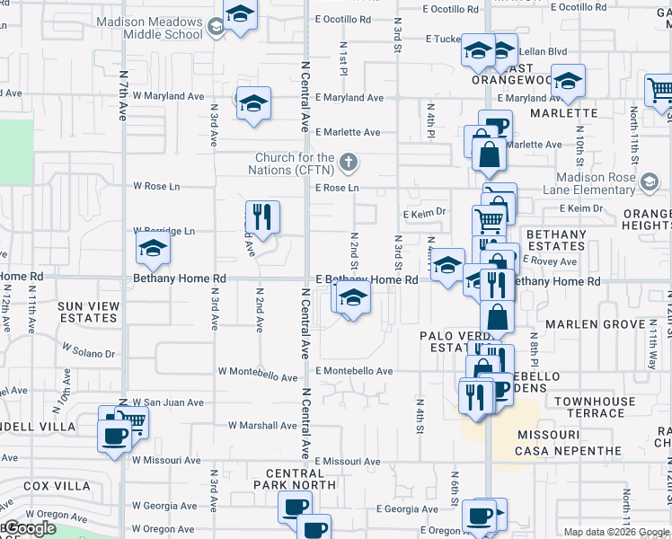 map of restaurants, bars, coffee shops, grocery stores, and more near 101 East Bethany Home Road in Phoenix