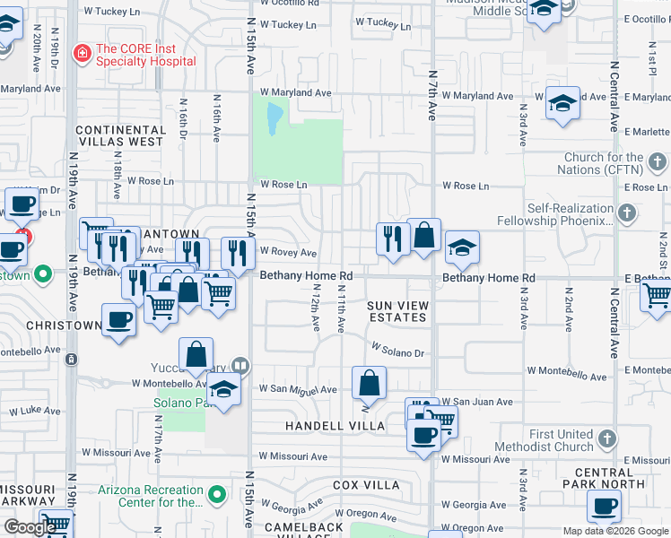 map of restaurants, bars, coffee shops, grocery stores, and more near 1111 West Bethany Home Road in Phoenix