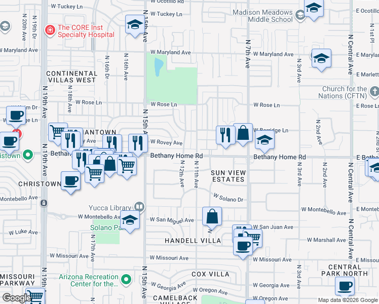 map of restaurants, bars, coffee shops, grocery stores, and more near 1111 West Bethany Home Road in Phoenix