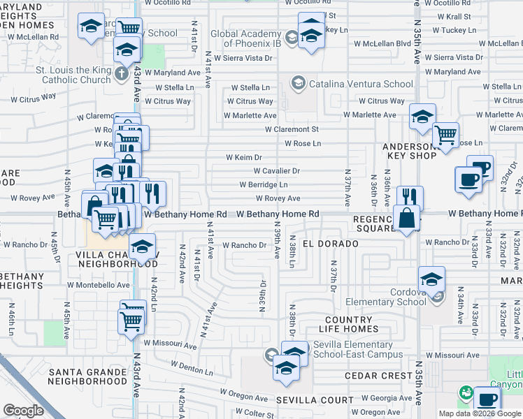 map of restaurants, bars, coffee shops, grocery stores, and more near 3933 West Bethany Home Road in Phoenix
