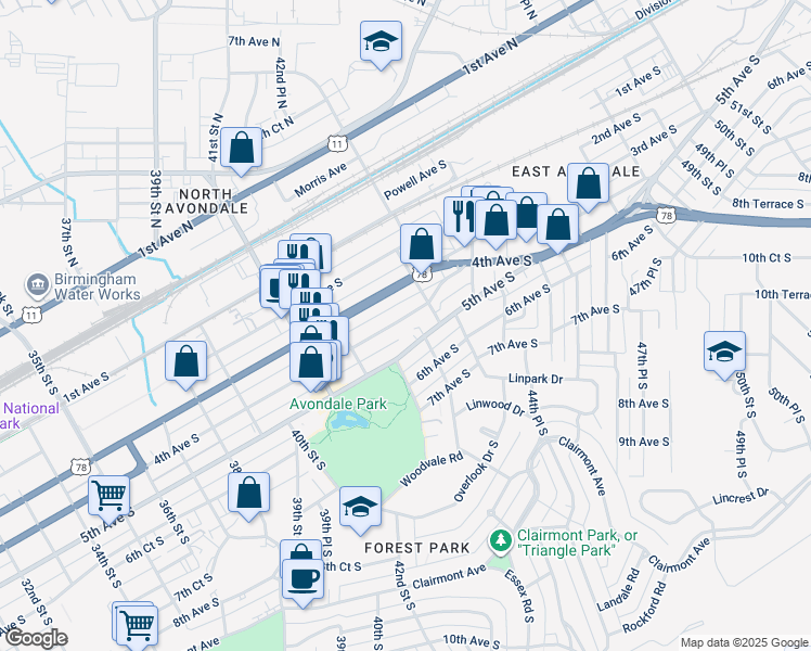 map of restaurants, bars, coffee shops, grocery stores, and more near 4253 5th Avenue South in Birmingham