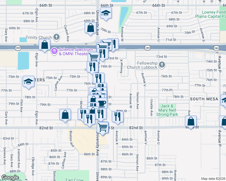 map of restaurants, bars, coffee shops, grocery stores, and more near 2340 78th Street in Lubbock
