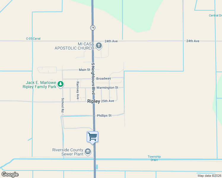 map of restaurants, bars, coffee shops, grocery stores, and more near 24750 Lindsay Avenue in Blythe