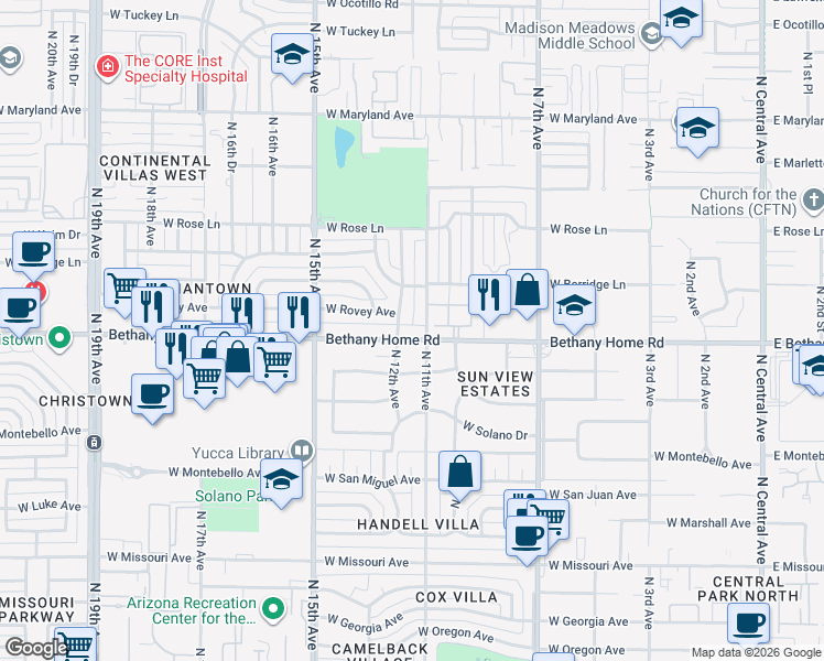map of restaurants, bars, coffee shops, grocery stores, and more near 1111 West Bethany Home Road in Phoenix
