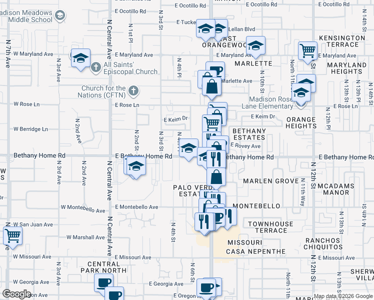 map of restaurants, bars, coffee shops, grocery stores, and more near 525 East Bethany Home Road in Phoenix
