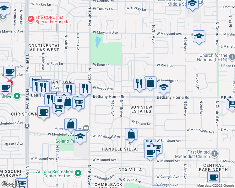 map of restaurants, bars, coffee shops, grocery stores, and more near 1111 West Bethany Home Road in Phoenix