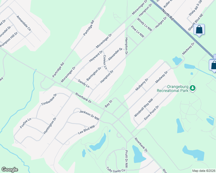 map of restaurants, bars, coffee shops, grocery stores, and more near 128 Bay Street in Orangeburg