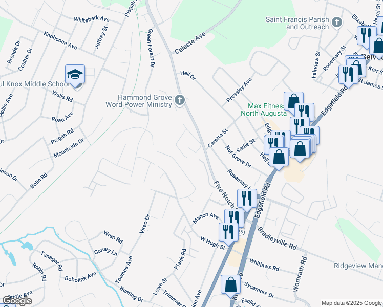 map of restaurants, bars, coffee shops, grocery stores, and more near 126 West Five Notch Road in North Augusta