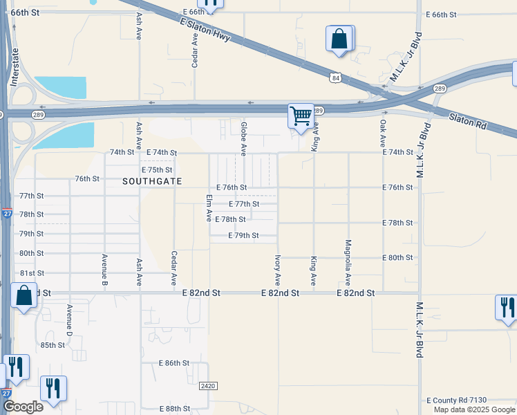 map of restaurants, bars, coffee shops, grocery stores, and more near 706 East 78th Street in Lubbock
