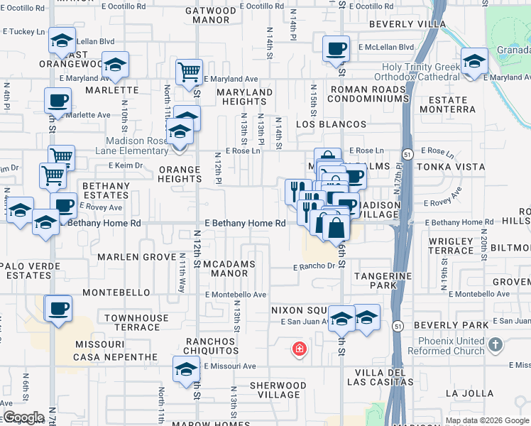 map of restaurants, bars, coffee shops, grocery stores, and more near 1415 East Bethany Home Road in Phoenix