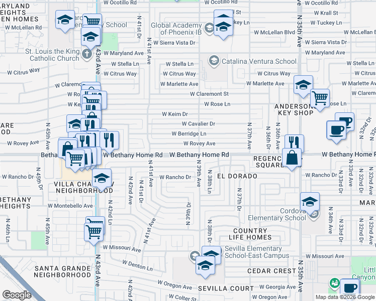 map of restaurants, bars, coffee shops, grocery stores, and more near 3933 West Bethany Home Road in Phoenix