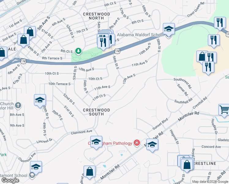 map of restaurants, bars, coffee shops, grocery stores, and more near 5536 12th Avenue South in Birmingham