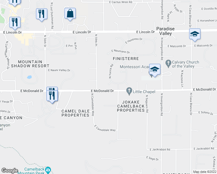 map of restaurants, bars, coffee shops, grocery stores, and more near 6122 North Yucca Road in Paradise Valley