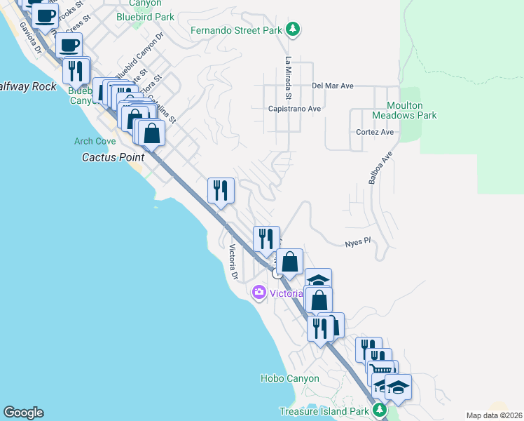 map of restaurants, bars, coffee shops, grocery stores, and more near 2649 Nido Way in Laguna Beach