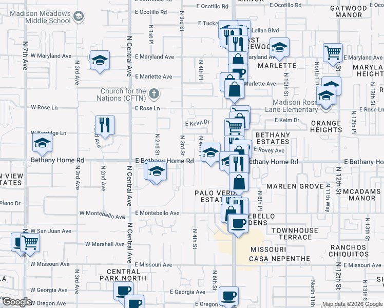 map of restaurants, bars, coffee shops, grocery stores, and more near 6032 North 4th Place in Phoenix