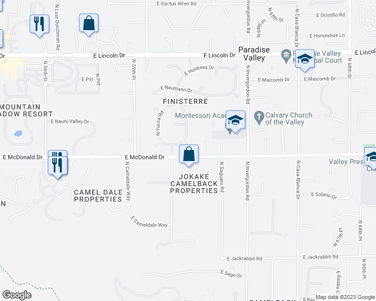 map of restaurants, bars, coffee shops, grocery stores, and more near 6133 North 61st Place in Paradise Valley
