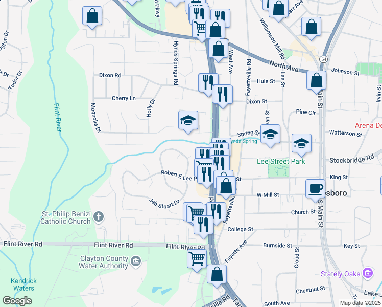 map of restaurants, bars, coffee shops, grocery stores, and more near 8427 Fredericksburg Court in Jonesboro