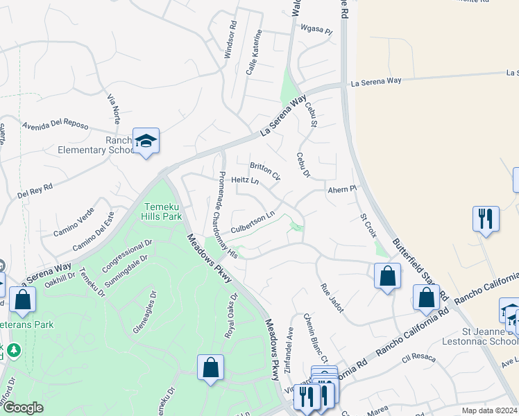 map of restaurants, bars, coffee shops, grocery stores, and more near 31507 Sonoma Lane in Temecula