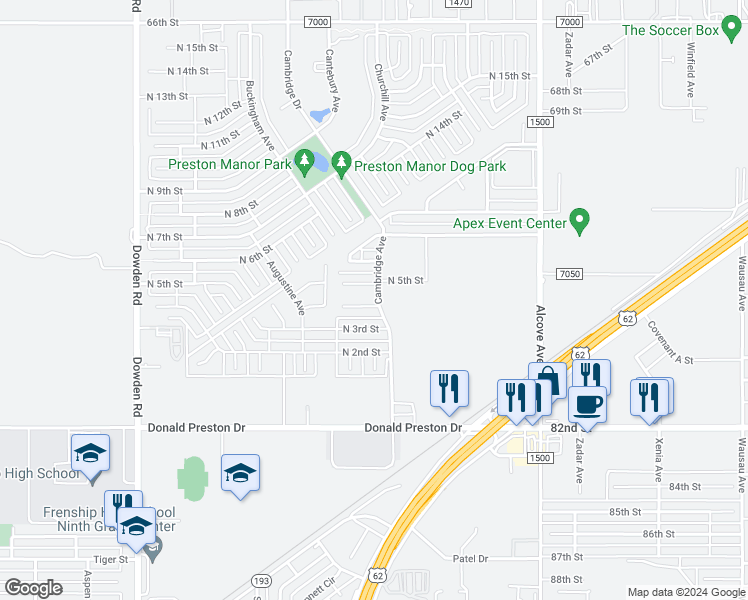 map of restaurants, bars, coffee shops, grocery stores, and more near 602 Cambridge Avenue in Wolfforth