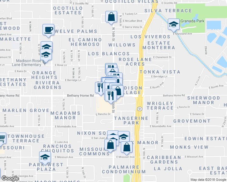 map of restaurants, bars, coffee shops, grocery stores, and more near 6008 N 16th St in Phoenix