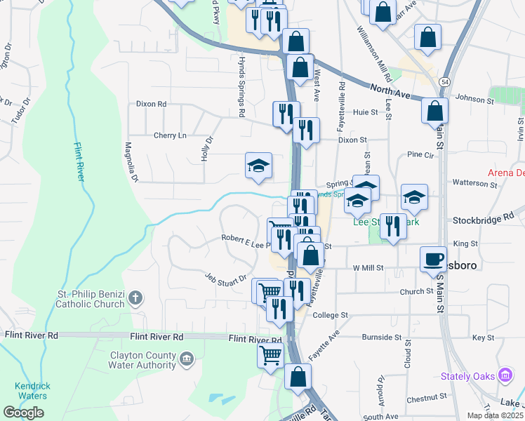map of restaurants, bars, coffee shops, grocery stores, and more near 8427 Fredericksburg Court in Jonesboro