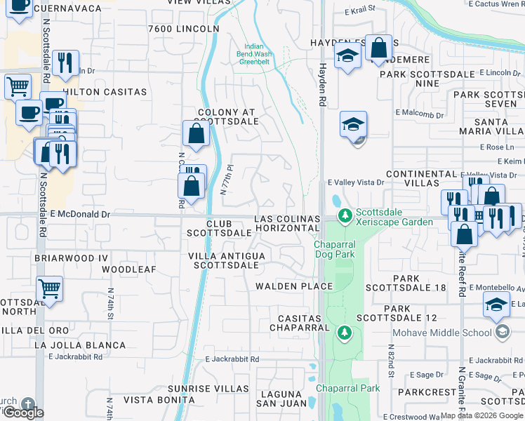 map of restaurants, bars, coffee shops, grocery stores, and more near 7832 East Rovey Avenue in Scottsdale