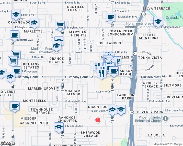 map of restaurants, bars, coffee shops, grocery stores, and more near 1420 East Bethany Home Road in Phoenix