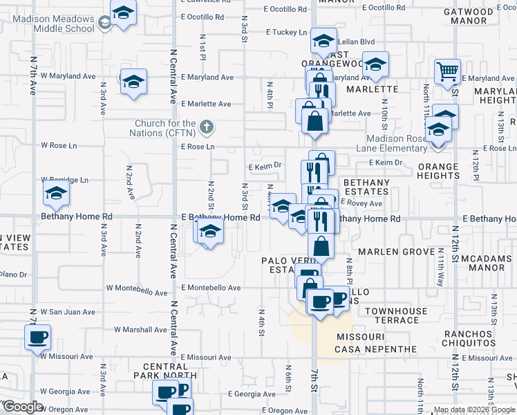 map of restaurants, bars, coffee shops, grocery stores, and more near 6032 North 4th Place in Phoenix