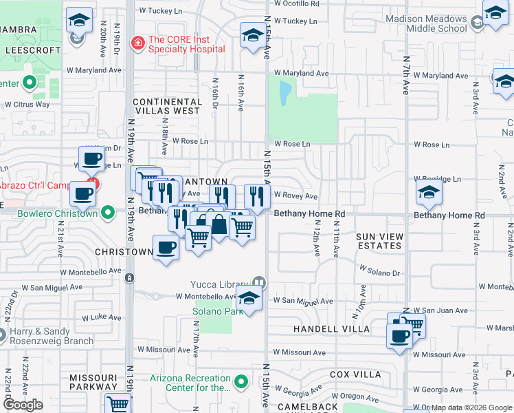 map of restaurants, bars, coffee shops, grocery stores, and more near 1520 West Rovey Avenue in Phoenix