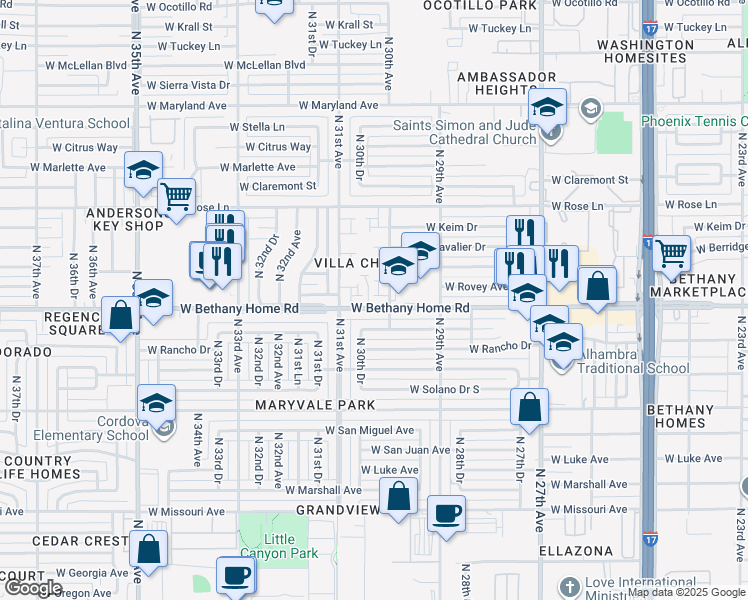 map of restaurants, bars, coffee shops, grocery stores, and more near 6024 North 30th Avenue in Phoenix