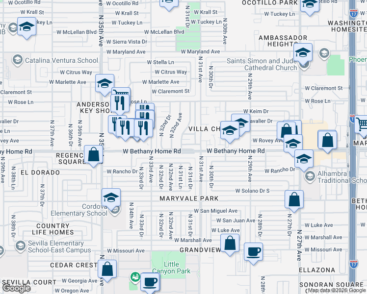map of restaurants, bars, coffee shops, grocery stores, and more near 3116 West Rovey Avenue in Phoenix