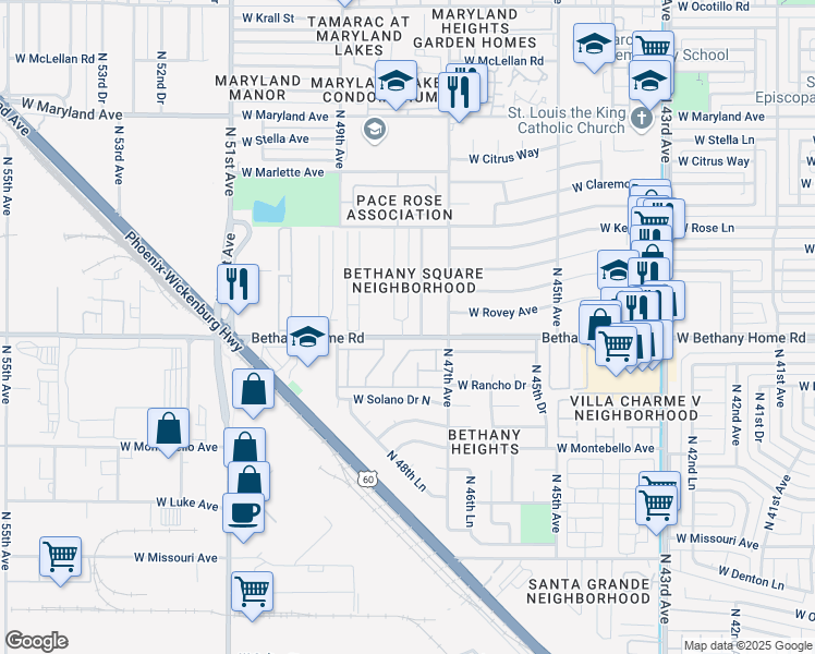 map of restaurants, bars, coffee shops, grocery stores, and more near 6105 North 47th Drive in Glendale