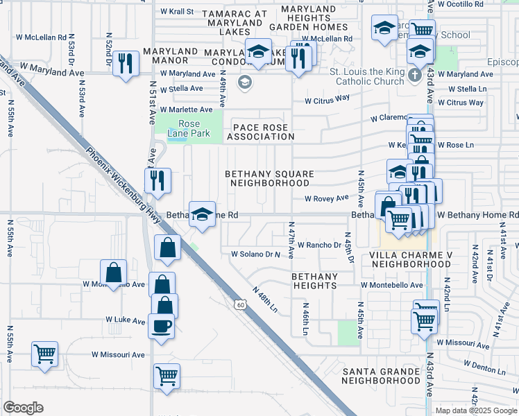 map of restaurants, bars, coffee shops, grocery stores, and more near 4816 West Bethany Home Road in Glendale
