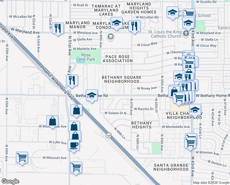map of restaurants, bars, coffee shops, grocery stores, and more near 4816 West Bethany Home Road in Glendale