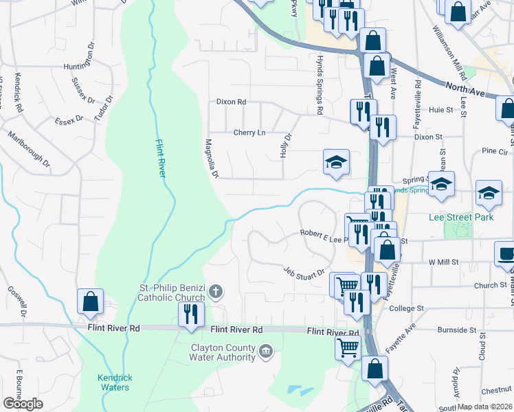 map of restaurants, bars, coffee shops, grocery stores, and more near 625 Sycamore Drive in Jonesboro