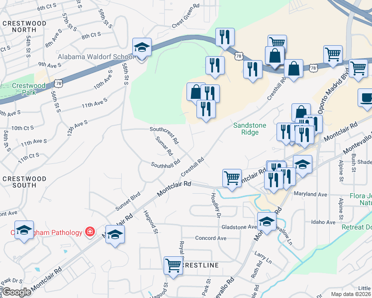 map of restaurants, bars, coffee shops, grocery stores, and more near 1317 Southhall Road in Birmingham