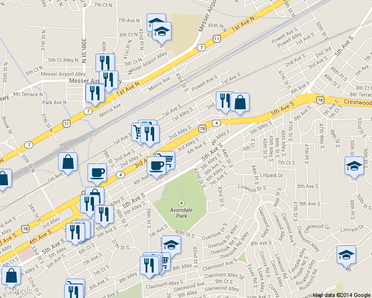 map of restaurants, bars, coffee shops, grocery stores, and more near 4245 3rd Avenue South in Birmingham