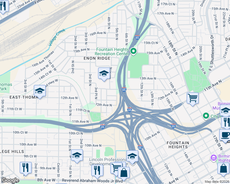 map of restaurants, bars, coffee shops, grocery stores, and more near 1239 4th Place North in Birmingham