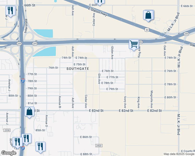 map of restaurants, bars, coffee shops, grocery stores, and more near 7417 Elm Avenue in Lubbock